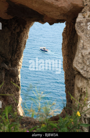 Summer sea view from the window of the ancient Genoese fortress ruins (coast of Balaclava Town, Crimea, Ukraine) Stock Photo