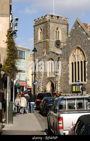 The view up Windsor St in Uxbridge with St Margaret's Church and the High St at the top. Stock Photo