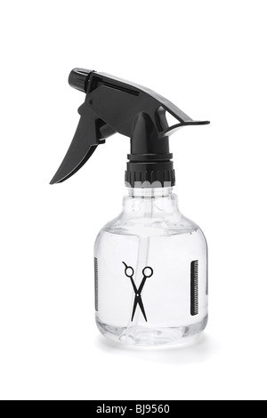 Hairdresser plastic water sprayer container on white background Stock Photo