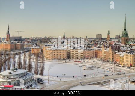 View down on Gamla Stan Stockholms Old Town covered in snow. Stock Photo