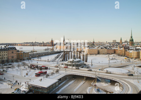 View down on Gamla Stan Stockholms Old Town covered in snow. Stock Photo