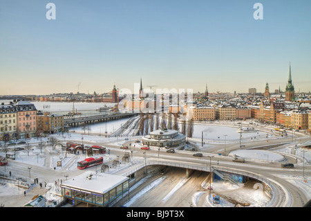View down on Gamla Stan Stockholms Old Town covered in snow. Stock Photo