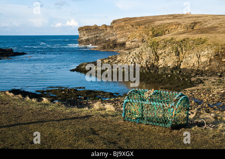 dh  YESNABY ORKNEY Lobster crab creel on shore cliff above bay stoney beach Stock Photo