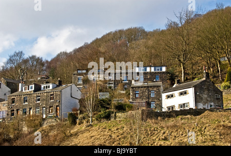 Terraced housing on hillside, Lydgate, Todmorden,  Calder Valley, South Pennines, West Yorkshire, UK Stock Photo