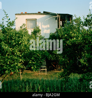 overgrown garden and vegetable plot with white basic house and blue sky Stock Photo