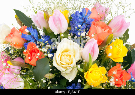 Spring flower arrangement in vase with roses, tulips hyacinth, daffodil and green leaves Stock Photo