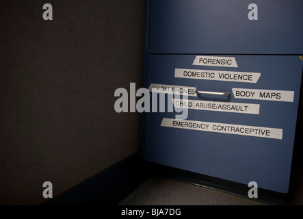 A recently closed hospital in the USA with signage and medical equipment. Stock Photo