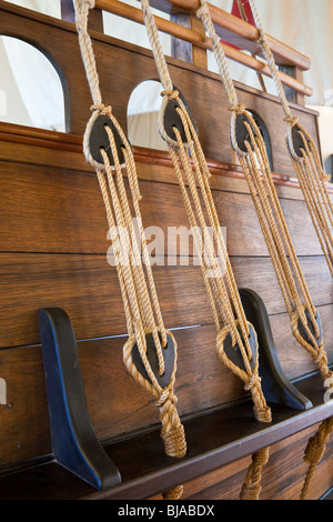 Block and tackle is part of rigging on historic sailing ship replica in museum at visitor center in St. Augustine, Florida Stock Photo