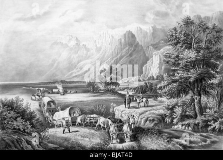 Black and white lithograph print circa 1866 entitled 'The Rocky Mountains - emigrants crossing the plains'. Stock Photo