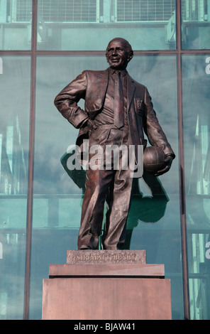 The statue to Sir Matt Busby at the main entrance, East stand, to Old Trafford, home of Manchester United football team.