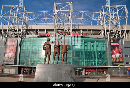 The statue to Sir Bobby Charlton, George Best Denis Law at the main entrance (East stand) to Old Trafford, Manchester.
