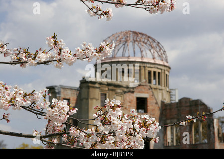 The A bomb dome, Hiroshima, Japan with cherry blossom in the foreground Stock Photo