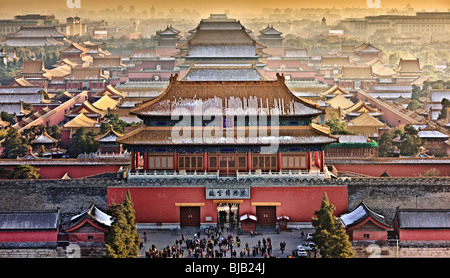The forbidden palace in Beijing China, bathing in the golden rays of sunset. Viewed from Jingshan Hill to the north Stock Photo