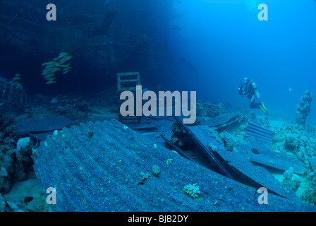 Diver looking the Salem Express wreck off Safaga, Red Sea. Stock Photo
