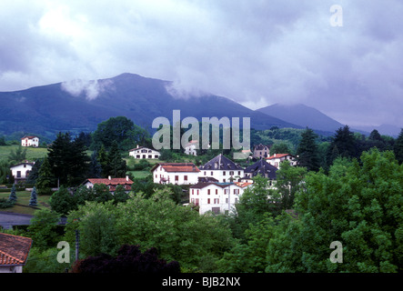 homes, houses, mountain landscape, French Basque Country, Pyrenees Mountains, town of Saint-Jean-Pied-de-Port, France, Europe Stock Photo