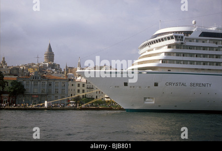 Cruise ship 'Crystal Serenity' in front of Karaköy and the Galata tower, Istanbul Stock Photo