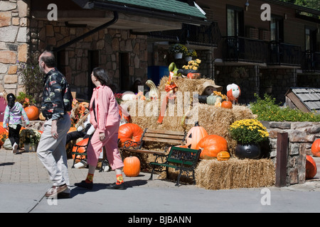 The people on the main city street Gatlinburg Tennessee TN North America small town with walking tourists pictures images horizontal in USA US hi-res Stock Photo