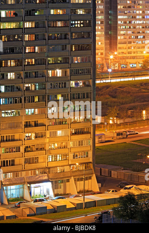 Cityscape, city, 1980s apartment buildings in the evening with lights in windows, Moscow, Russia Stock Photo