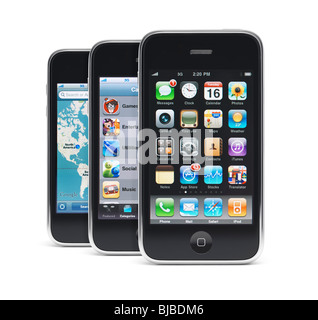 Three Apple iPhone 3Gs 3G smartphones displaying different app menus on their screens isolated on white background Stock Photo