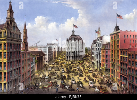 Lithograph colour print circa 1875 of Broadway in New York City as seen looking north from the Western Union Telegraph Building. Stock Photo