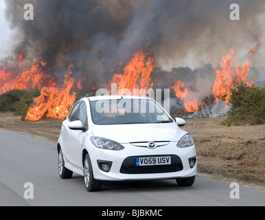 2010 Mazda 2 Sport 1.5 by controlled burning heath in New Forest Stock Photo