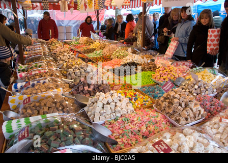 Confectionery on a German stall at the York International Market Place, York, England. Stock Photo