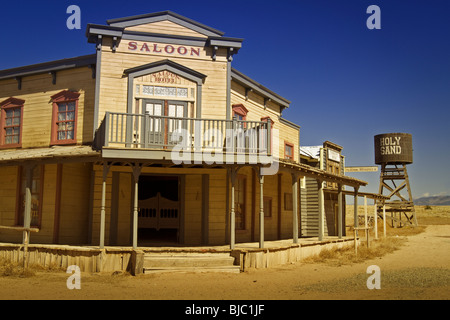 Saloon in western town, which is a permanent and closed movie/TV set outside Santa Fe, New Mexico. Horizontal orientation Stock Photo