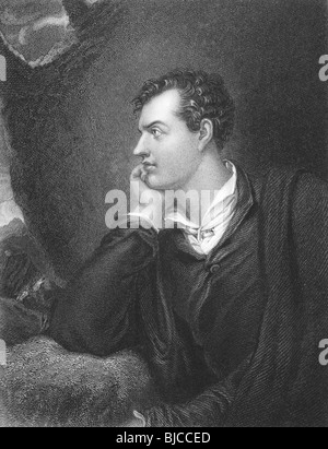 Lord Byron (1788-1824) on 1800s engraving. One of the greatest British poets & leading figures in the Greek war of independence. Stock Photo