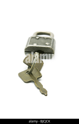 Old fashion design pad lock and keys isolated on white background Stock Photo