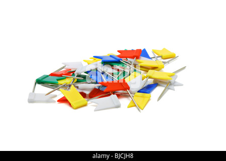 Scattered multicoloured flag shape push pins isolated on white background Stock Photo
