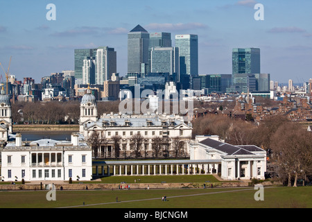 View from Greenwich over Queens House Royal Naval College and Canary Wharf Stock Photo