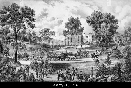 Black and white lithograph print circa 1869 by Currier & Ives entitled 'The Grand Drive - Central Park New York'. Stock Photo
