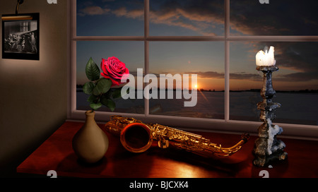 Red Roses And Saxophone red rose saxophone and candelabra with a sunset Stock Photo - Alamy