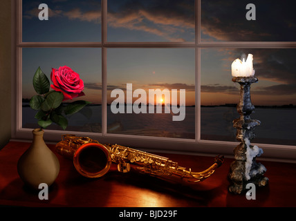 Red Roses And Saxophone red rose saxophone and candelabra with a sunset Stock Photo - Alamy