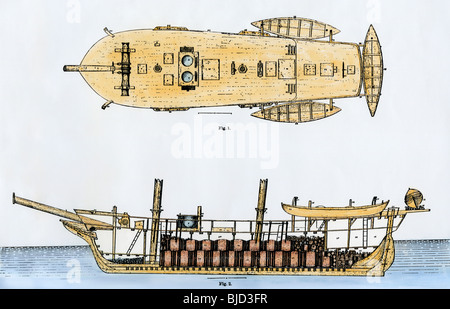 Deck plan and cutaway view of whaling schooner 'Amelia' of New Bedford, Massachusetts, 1800s. Hand-colored woodcut Stock Photo