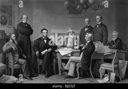 Black and white engraving print circa 1866 entitled 'The first reading of the Emancipation Proclamation before the Cabinet'. Stock Photo