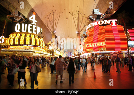 Four Queens and Fremont Casino with lights in Fremont Street in Las Vegas, Nevada, USA Stock Photo