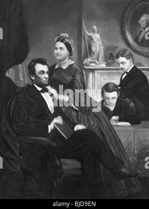 Black and white engraving print c1860s of US President Abraham Lincoln at home with his wife Mary and sons Thomas and Robert. Stock Photo