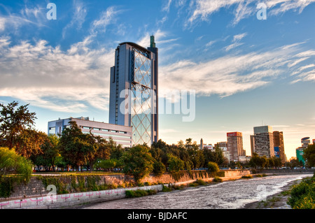Panoramic view over Santiago Downtown, capital city of Chile, Telefonica Building in front. Stock Photo