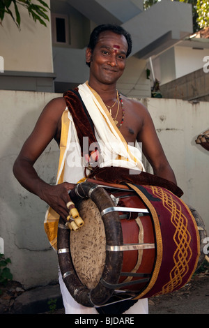 India, Kerala, Kochi, Ernakulam Uthsavom festival, Madallam drummer Stock Photo