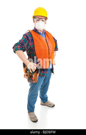 Female construction worker in full safety gear. Full body isolated on white. Stock Photo