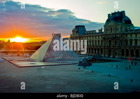 Paris, France - Outside Night Views of Louvre Museum, with The Pyramid, (Credit Arch: I.M. Pei), Richelieu Wing, architecture old new france building Stock Photo