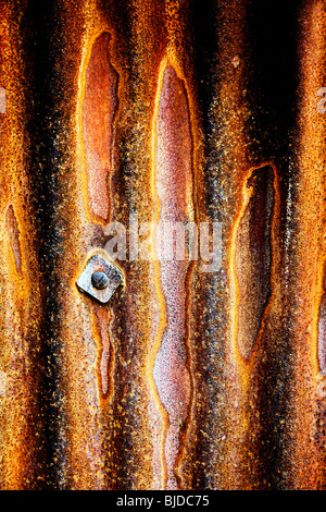 Section of a rusty yet colourful corrugated sheet fence showing the fixing bolt and an attractive pattern Stock Photo