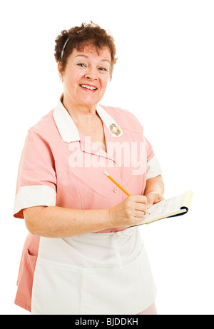 Friendly waitress taking your order. Isolated on white.  Stock Photo