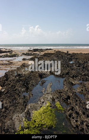 Rocks and rock pool on beach at Croyde, North Devon Stock Photo