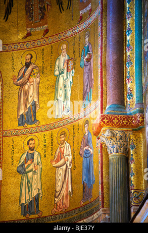 Byzantine mosaics of Christ , Mary and the Apostles at the Cathedral, Duomo of Cefalu [Cefaú] Sicily  Stock Photo