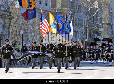 Paramus, NJ Police Department Pipes and Drum Band marches in New York City's St. Patrick's Day parade. Stock Photo