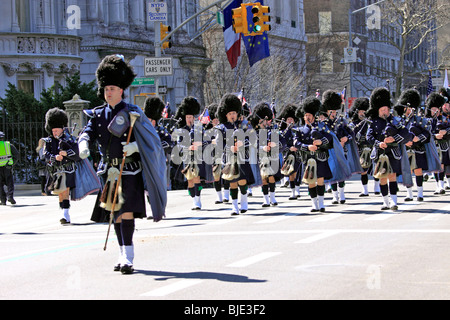 Paramus, NJ Police Department Pipes and Drum Band marches in New York City's St. Patrick's Day parade. Stock Photo