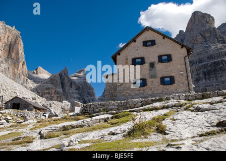 Rifugio Tuckett and Sella in the Brenta Dolomite Mountains of Northern Italy. Stock Photo