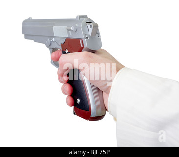 Man's hand holds a gun isolated on white background Stock Photo